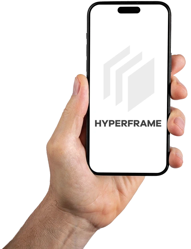 A Hand holding a mobile phone. The logo of Hyperframe is visible on the screen. Hyperframe is a Digital Marketing Agency